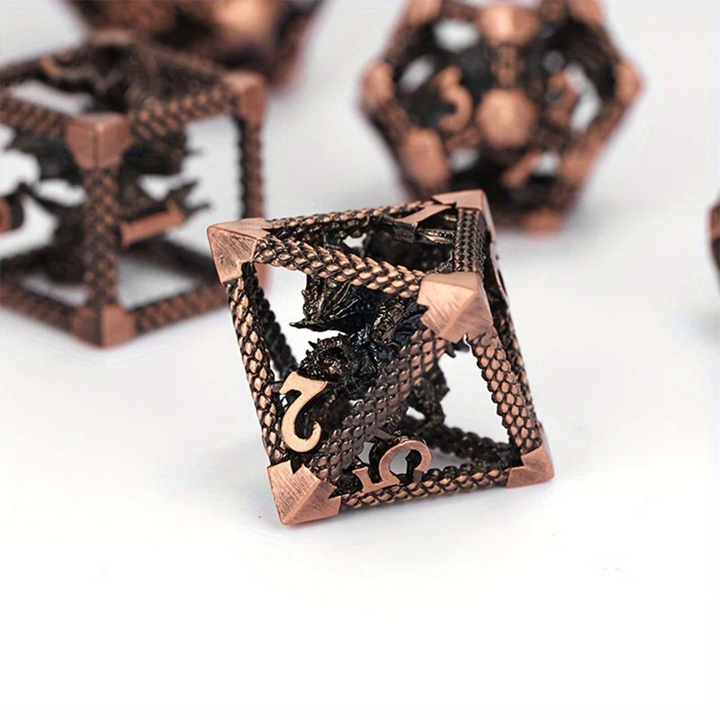 Draco Familiar - 7 Piece Hollow Metal Polyhedral Dice Set & Dice Case