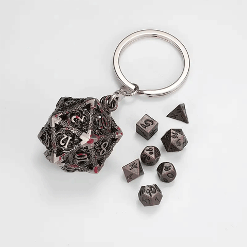 Dracowraith Dice Keychain with 7 Piece Mini Metal Polyhedral Dice Set