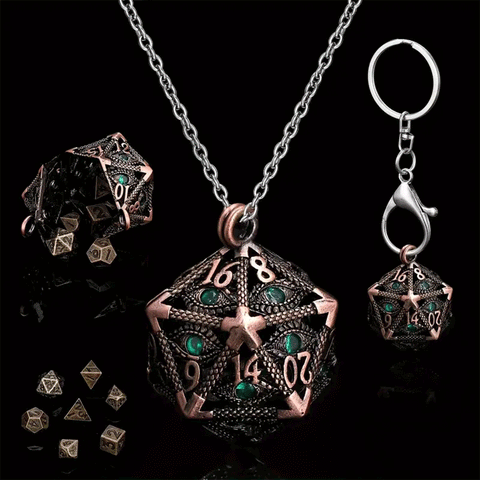 Jade Dragon Eye Dice Necklace with 7 Piece Mini Metal Polyhedral Dice Set