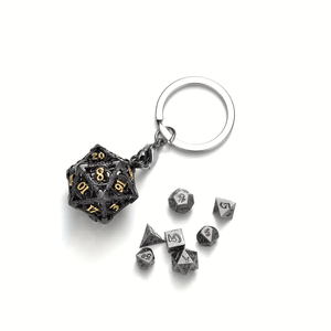 Shadow Wyvern Dice Keychain with 7 Piece Mini Metal Polyhedral Dice Set
