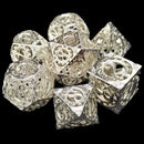 Silver Gear Wright  - 7 Piece Hollow Metal Polyhedral Dice Set & Dice Case