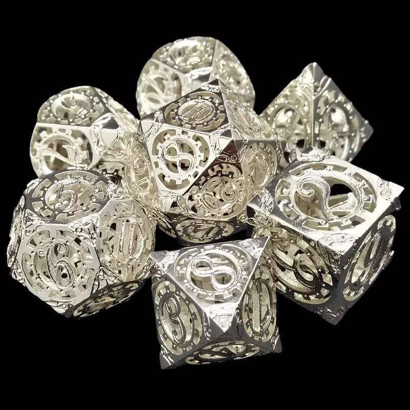 Silver Gear Wright  - 7 Piece Hollow Metal Polyhedral Dice Set & Dice Case