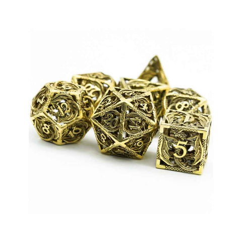 Gold Dragon 7 Piece Hollow Metal Polyhedral Dice Set & Dice Case - Bea DnD Games